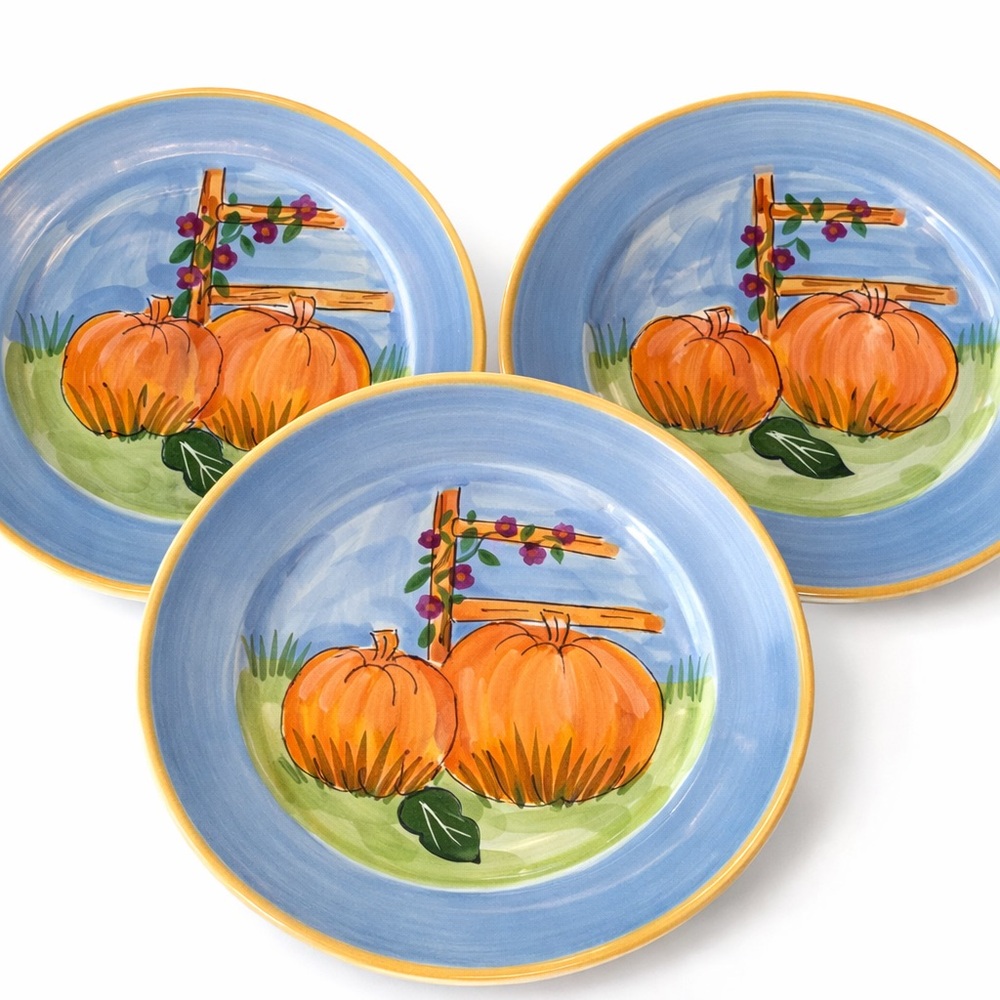 MACERA Pumpkin Patch hand painted salad plates. Set of 3